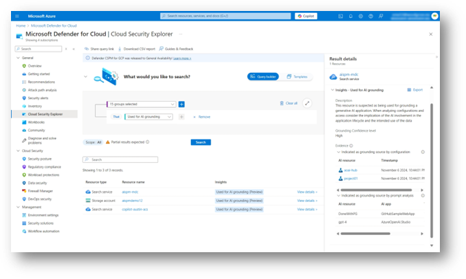 Product screenshot showing cloud security explorer query with results of AI and data resources that are used for AI grounding with insights and evidence to connected AI resources