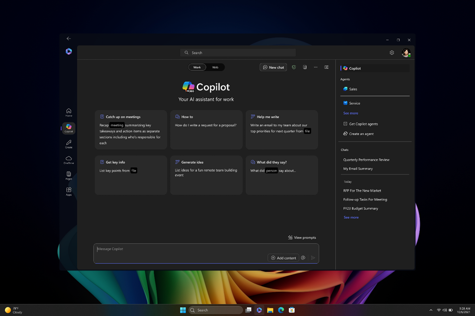 Microsoft Copilot interface showing various AI assistance options, including catching up on meetings, generating ideas, getting key info, and drafting emails.
