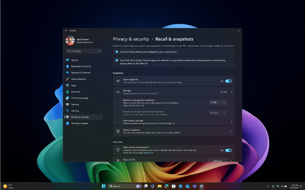 Windows 11 settings window showing the 'Privacy & security' section, specifically the 'Recall & snapshots' page.