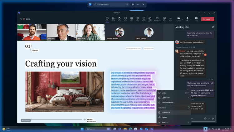 Microsoft Teams video call screen showing participants at the top, a presentation titled 'Crafting your vision,' and a highlighted text section with options to summarize, explain, and revise.