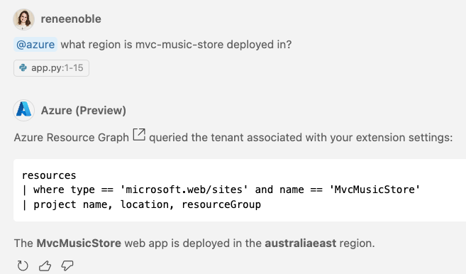 Screenshot of GitHub Copilot responding to the prompt "@azure What region is mvc-music-store deployed in?" with the response "MvcMusicStore web app is deployed in the australiaeast region" and also providing the Azure Resource Graph query used to get the information.