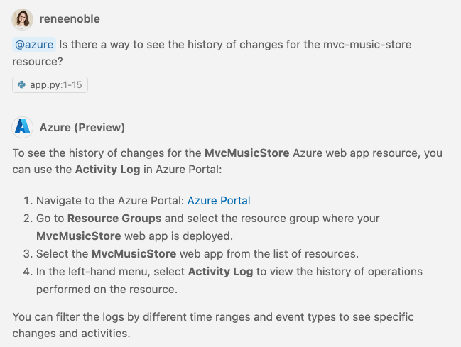 Screenshot of GitHub Copilot responding to the prompt "@azure Is there a way to seethe history of changes for the mvc-music-store resource?" with instructions on how to navigate the Azure portal to access the Activity Log