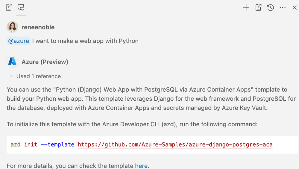 Screenshot of GitHub Copilot responding to the prompt "@azure I want to make a web app with Python"
