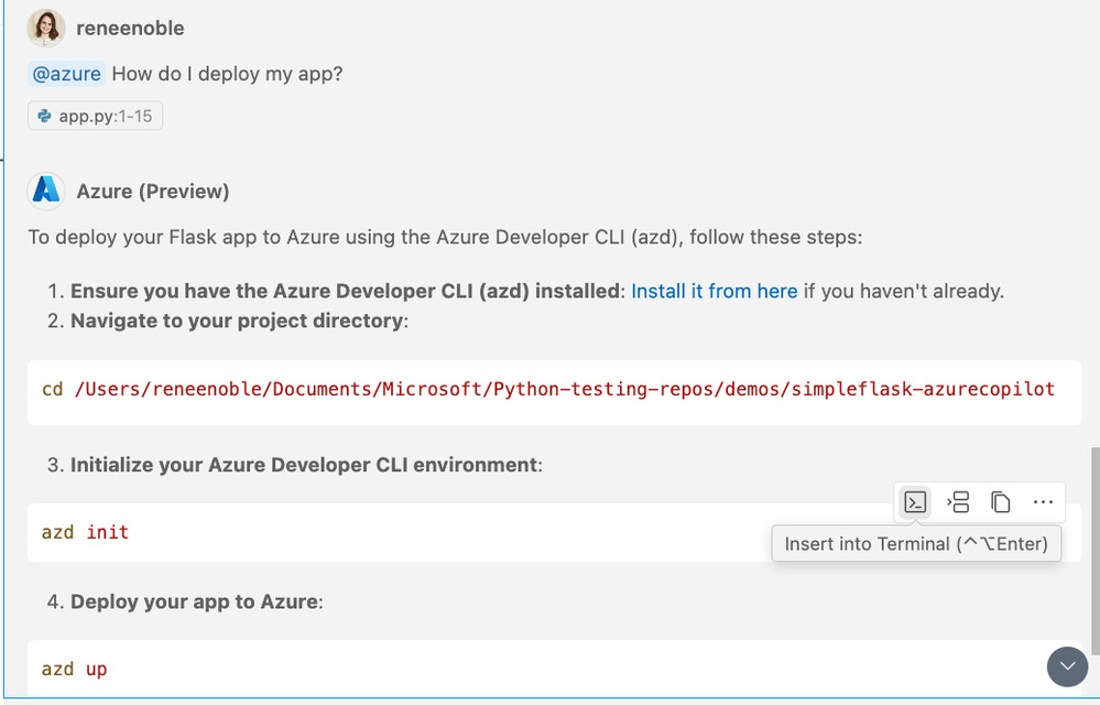 Screenshot of GitHub Copilot responding to the prompt "@azure How do I deploy my web app?" with step by step terminal instructions