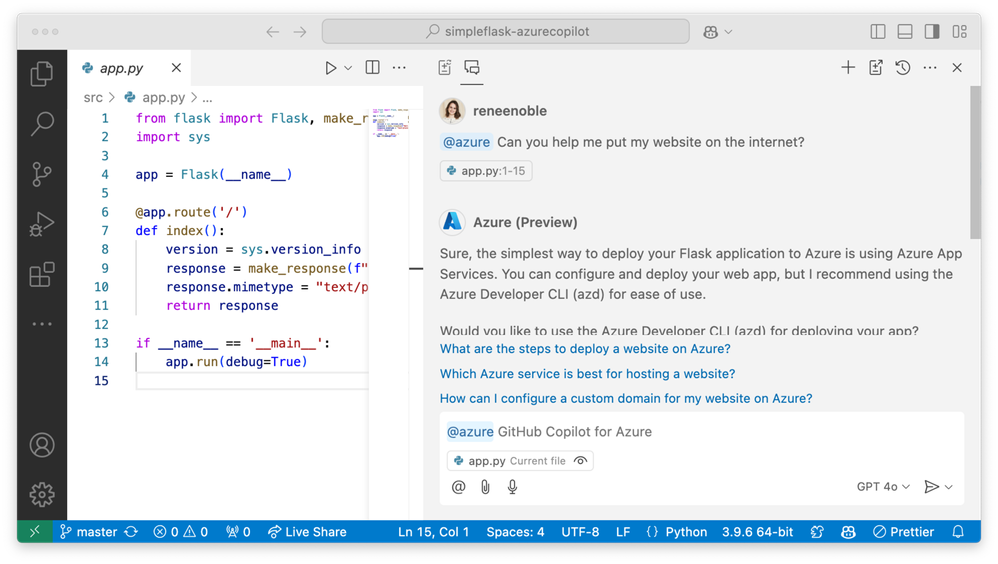 Screenshot of VS Code and GitHub Copilot responding to the prompt "@azure Can you help me put my website on the internet?
