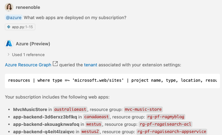 Screenshot of GitHub Copilot responding to the prompt "@azure What web app are deployed on my subscription?" with a list of 4 app names, the regions each is deployed in, and the resource group that contains each app.