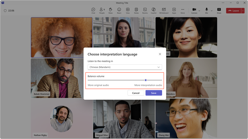 Screenshot showing how meeting participants can control the ratio between the meeting audio and the interpretation audio in a dialog box.