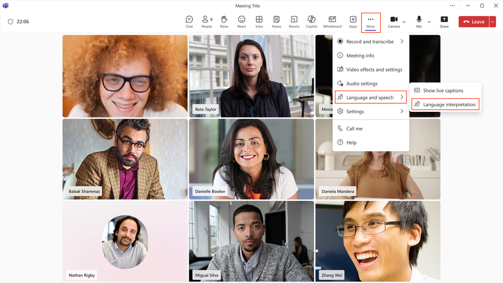 Screenshot showing another way to choose your meeting interpretation language in a Teams meeting.