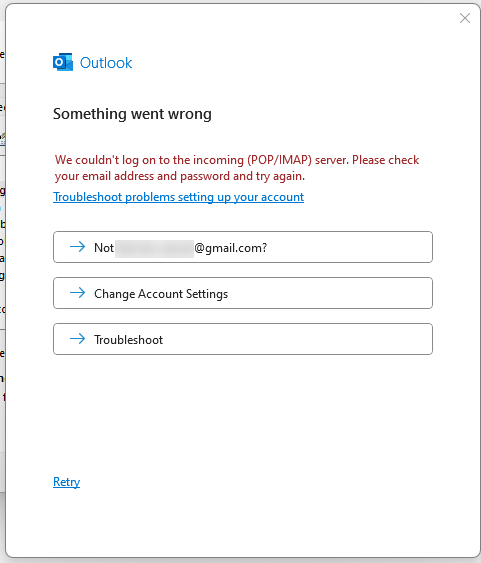 Outlook: Adding Gmail Acct. Error: 