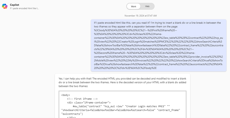 Copilot won't allow me to copy and paste HTML code into prompt ...