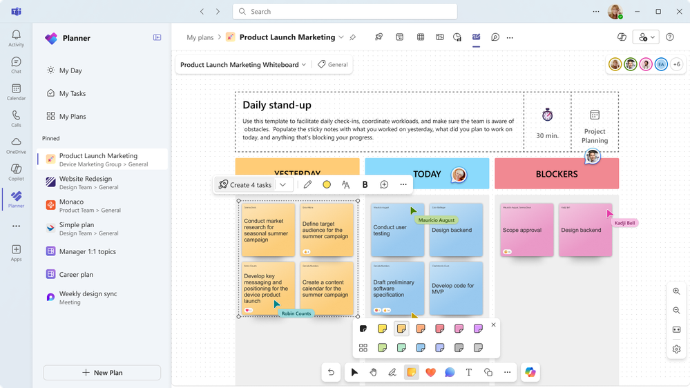 A screenshot of a Whiteboard in the Planner app in Microsoft Teams displaying post-it notes from a daily stand-up meeting.