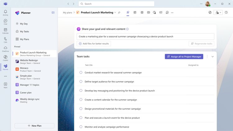 A screenshot of the Planner app in Microsoft Teams displaying a list of team tasks as part of a plan shows the new “Assign all to Project Manager” button.