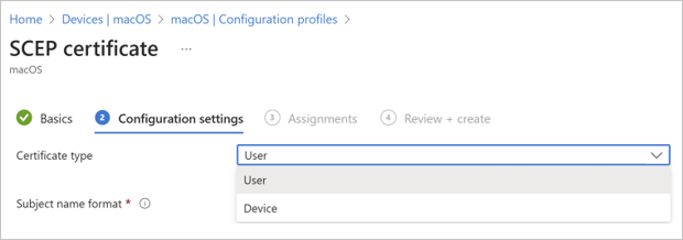 Screenshot of SCEP certificate (user): The previous flow allowed certificate type to be specified, but the certificate would be stored in the system keychain, even if user type was selected.