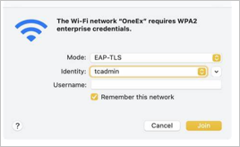 Screenshot of Wi-Fi certificate: The simpler user experience for a Wi-Fi certificate stored on the user keychain.