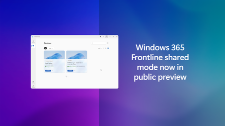 Screenshot showing how Windows App gives user access to both a dedicated and a shared Cloud PC. Blog title appears. Background of image is shades of blue and green.