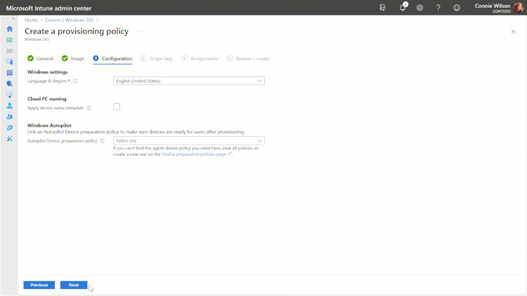 Choosing a Windows Autopilot device preparation policy while creating a provisioning policy