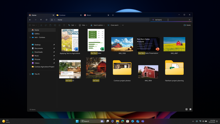 With improved Windows Search, a search for “red barn” returns documents and images featuring a red barn, even if “red barn” is not mentioned in the file name.