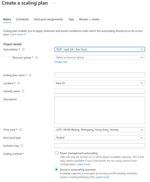 A scaling plan window with Dynamic autoscaling method selected.