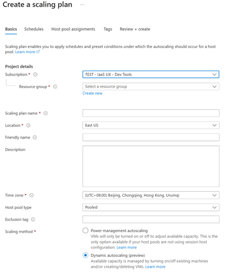 A scaling plan window with Dynamic autoscaling method selected.