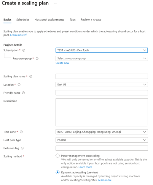 A scaling plan window with Dynamic autoscaling method selected.