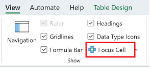 Focus cell button on the View tab