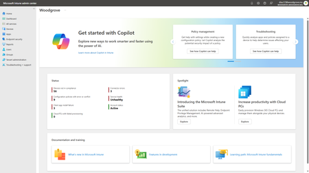 Screenshot of Microsoft Intune admin center homepage showcasing  troubleshooting and policy management workload Copilot in Intune options.
