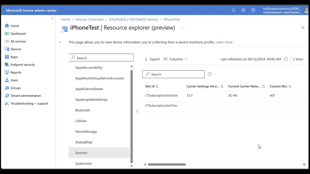 The Resource explorer shows an enhanced array of hardware properties on an iOS device