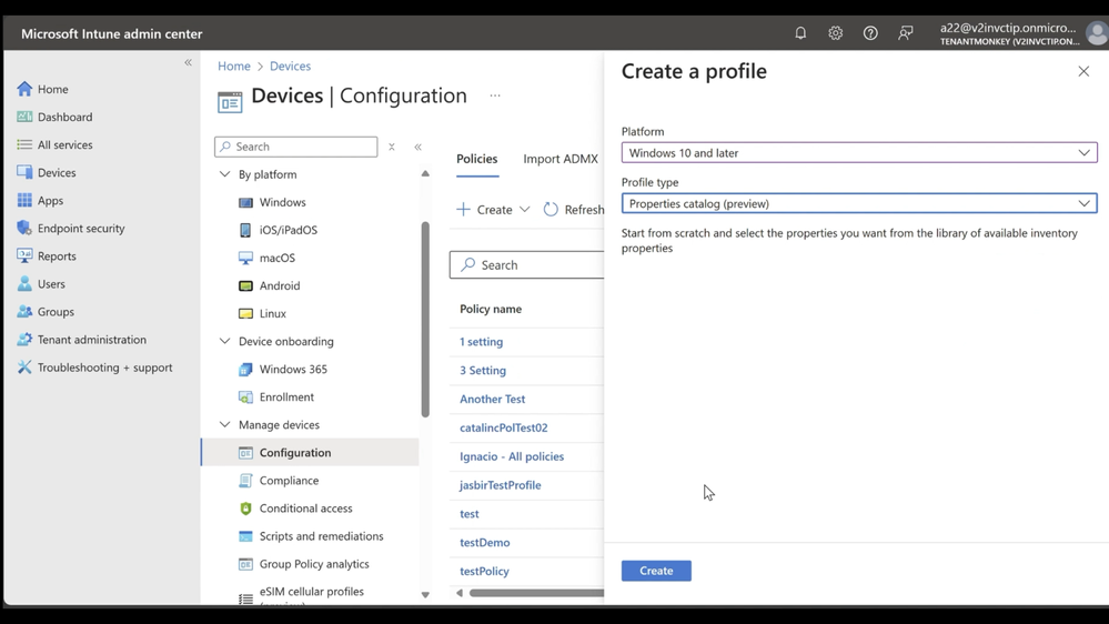 Screenshot showing the new Properties catalog profile policy can return hardware data for an enhanced library of properties from Windows devices.