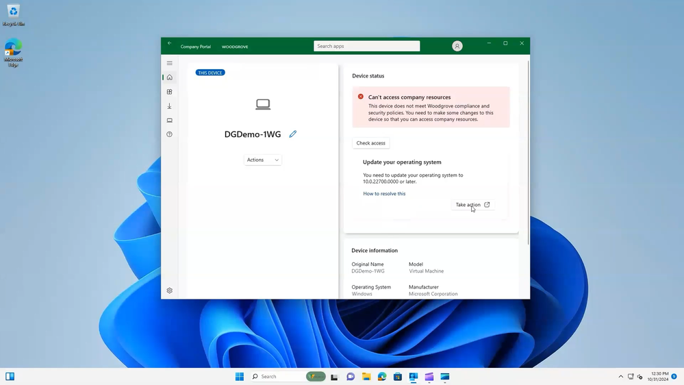 The Take action button in the Company Portal app allows users to update their non-compliant devices without help.