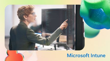 Person sits in front of two monitors and points to monitor.