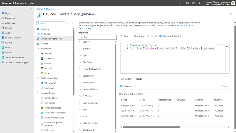 Screenshot of adding and running a query with Copilot in the Intune admin center