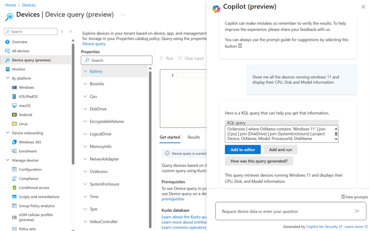 Screenshot of using Copilot assistance to create a KQL query (prompt example 1)