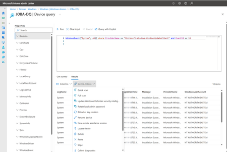 Screenshot showing remote actions from the Device query interface.