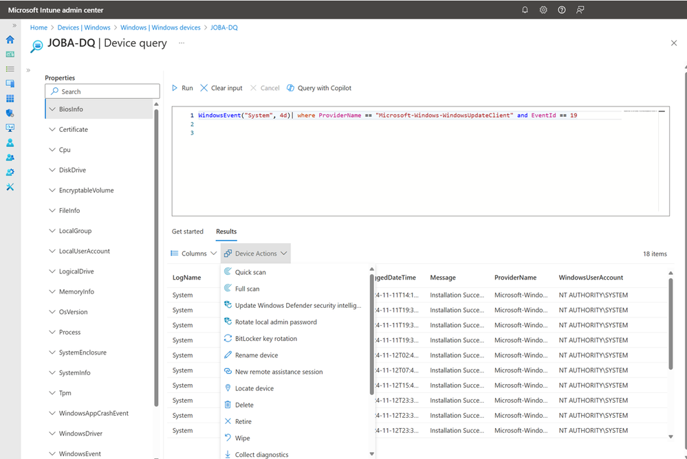 Screenshot showing remote actions from the Device query interface.