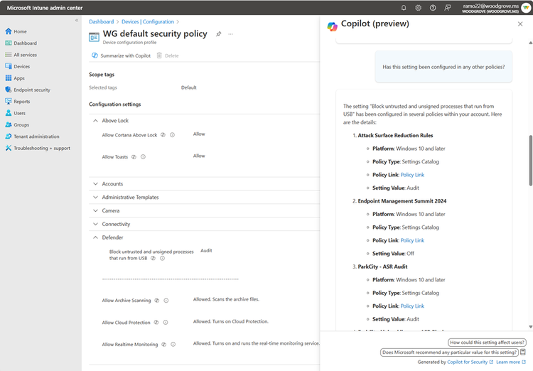 Determine if a setting has been configured in other policies with Copilot.