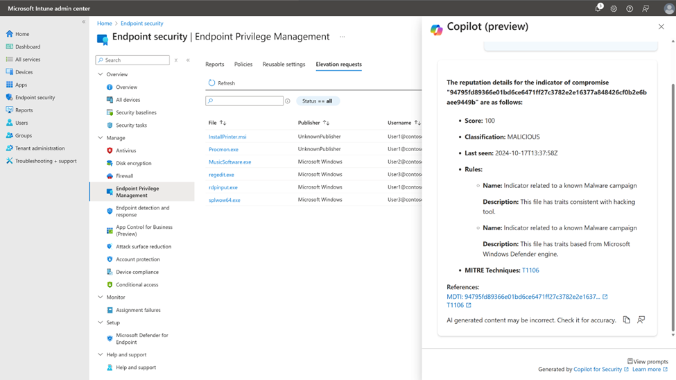 Get reputation for indicators of compromise for file hash with Copilot