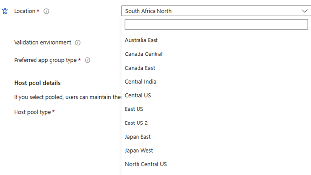 Screenshot showing the South Africa North location available for selection.