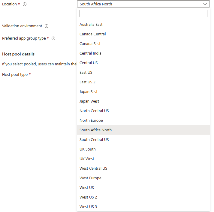 Screenshot showing the South Africa North location available for selection.