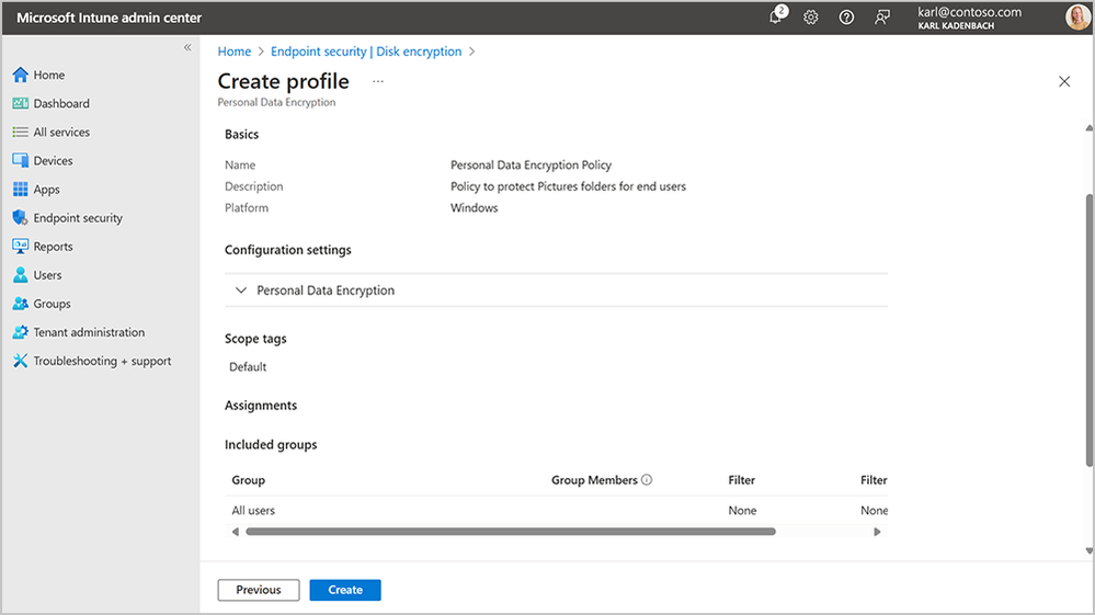 Screenshot of Microsoft Intune admin center: Create profile name and description