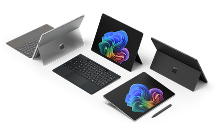 Surface Pro for Business devices arranged in different configurations, showcasing tablet and laptop modes, detachable keyboard, Surface Pen, and high-resolution display with colorful graphics, highlighting the versatility and performance of Copilot+ PCs