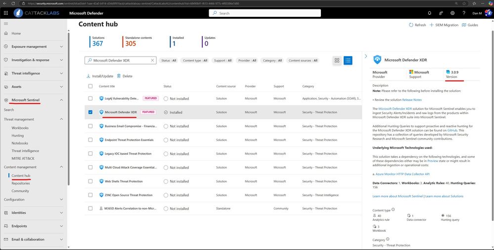 Installing or updating the Microsoft Defender XDR solution in content hub