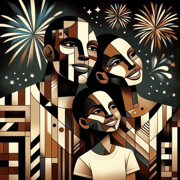 A brown and black stylized image of a family watching fireworks.
