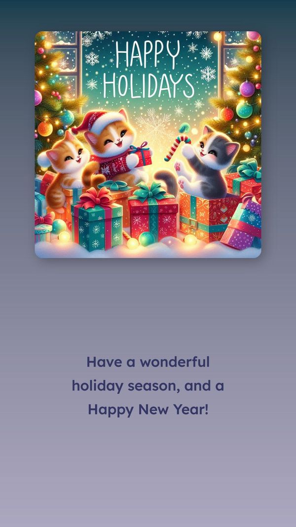 A cartoon holiday card with kittens opening presents that reads 