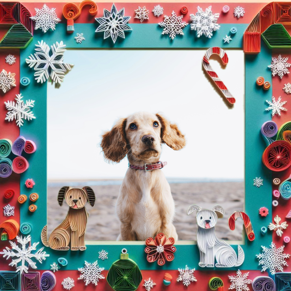 A picture of a dog in a frame with dogs, candy canes, and snowflakes on it surrounded by a purple background.