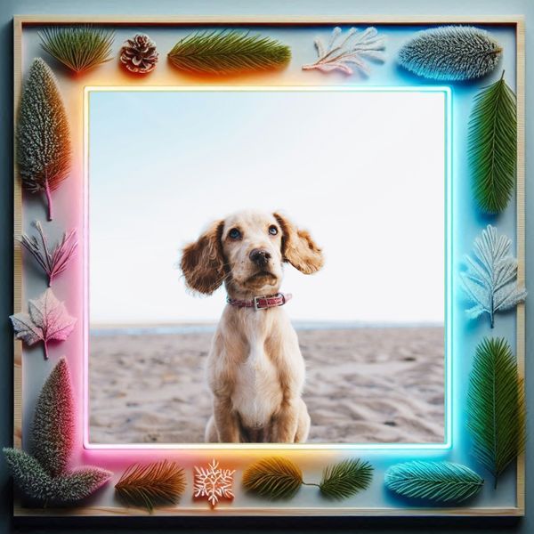 An image of a puppy sitting inside a wooden frame covered in pine needles.