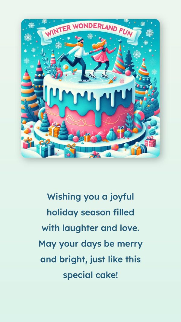 A cartoon holiday card with two people ice skating on a cake that reads 
