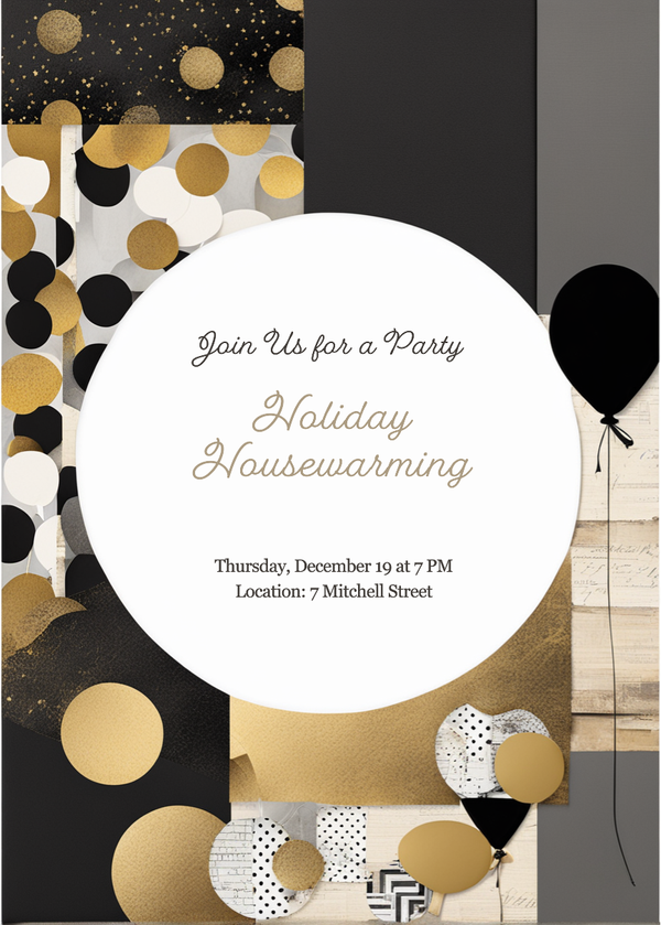A gold and black invitation for a holiday housewarming party.