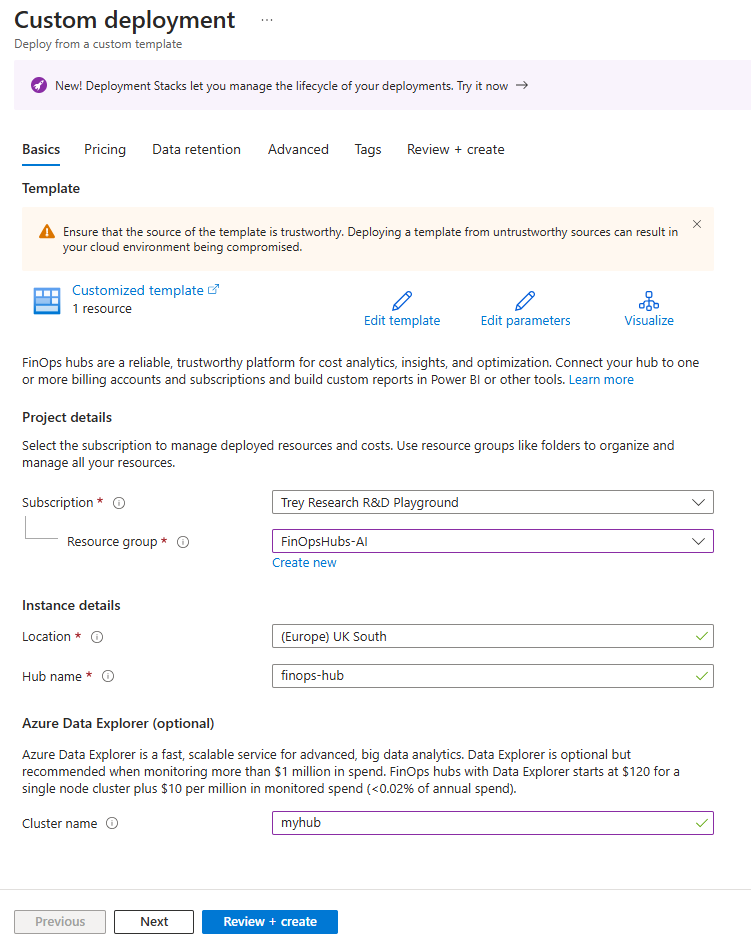 Screenshot of the FinOps hubs 0.7 deployment form Basics tab where you can specify the Data Explorer cluster name.