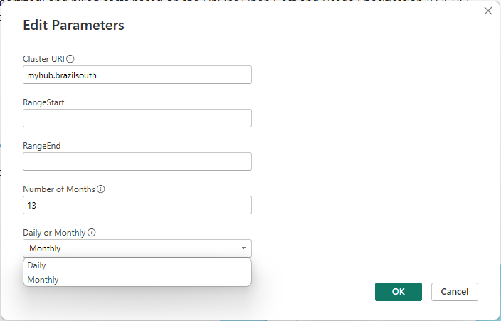Screenshot of the Power BI edit parameters dialog for KQL reports.