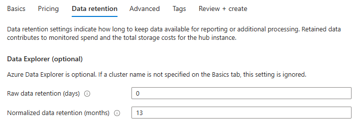 Screenshot of the FinOps hubs 0.7 deployment form Data retention tab where you can specify data retention for data ingested into Data Explorer.